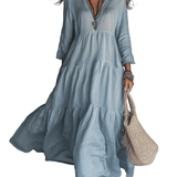 VESTIDO MAXI BOHO DE CAPAS EN AZUL SUAVE LAVADO - VALERINA MARBELLA