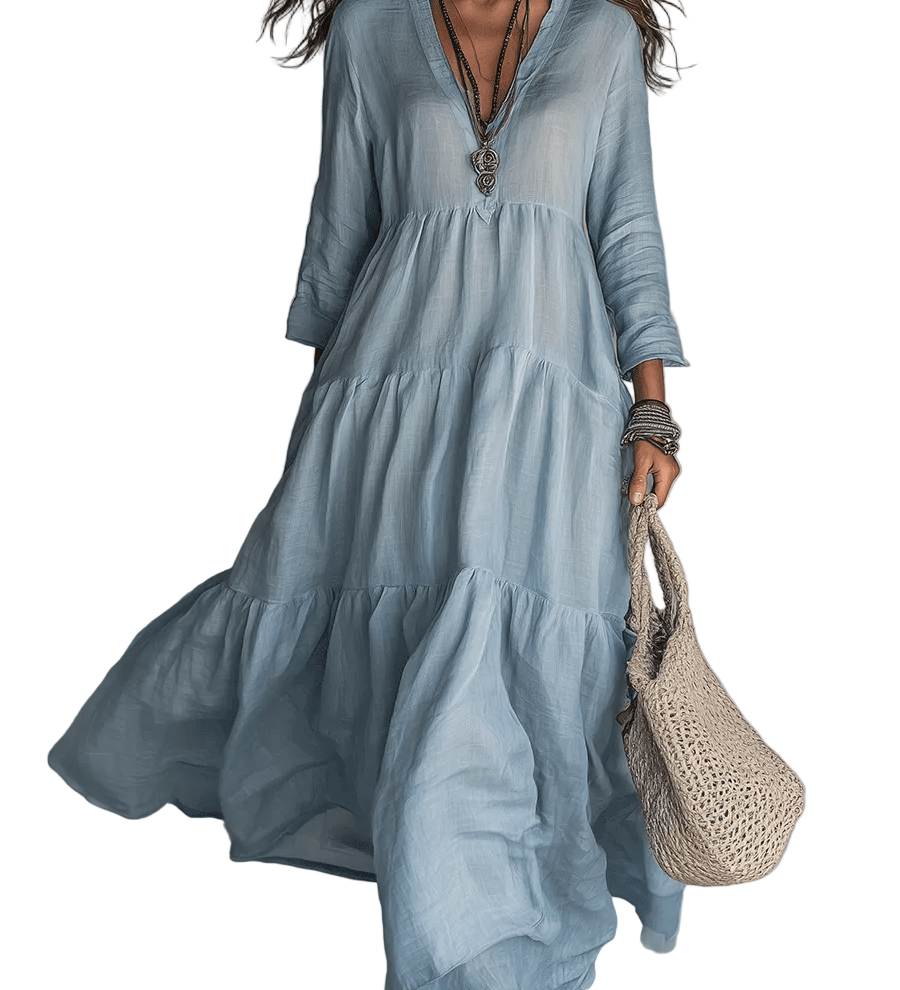 VESTIDO MAXI BOHO DE CAPAS EN AZUL SUAVE LAVADO - VALERINA MARBELLA