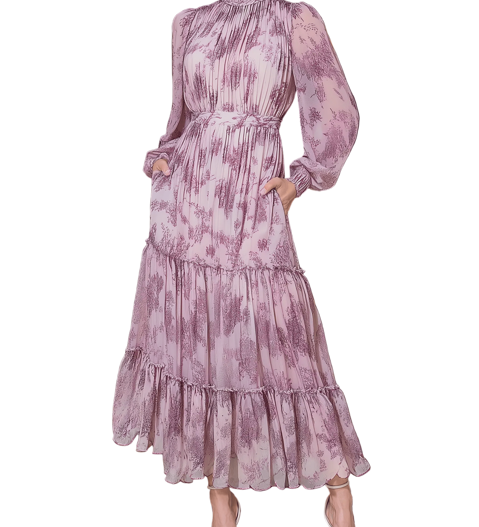 VESTIDO LARGO ROSA EMPOLVADO CON VOLANTES Y CINTURÓN A JUEGO - VALERINA MARBELLA