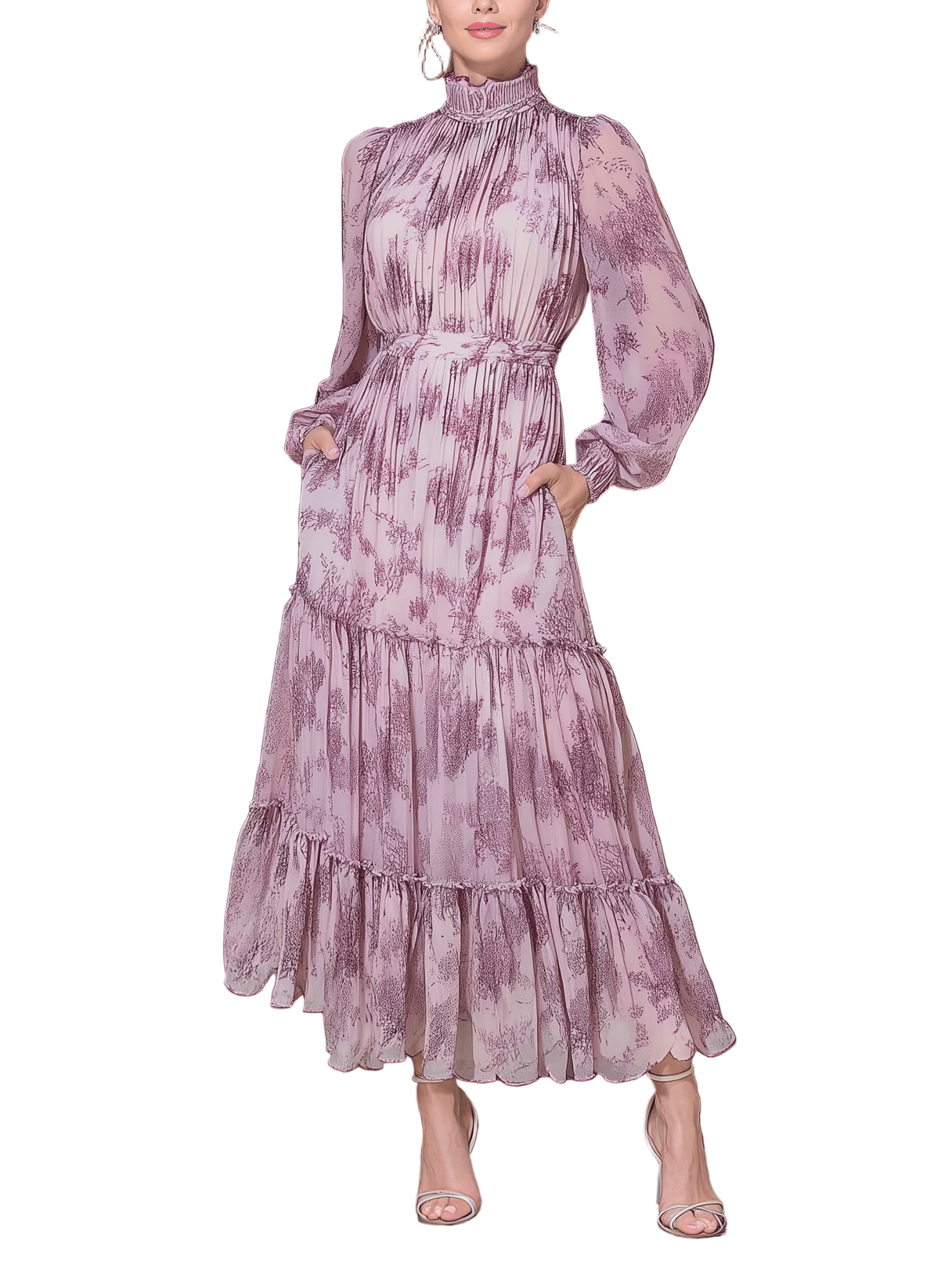 VESTIDO LARGO ROSA EMPOLVADO CON VOLANTES Y CINTURÓN A JUEGO - VALERINA MARBELLA