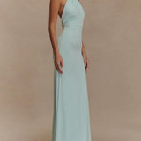 VESTIDO MAXI HALTER DE SILUETA FLUIDA EN AZUL LAGUNA