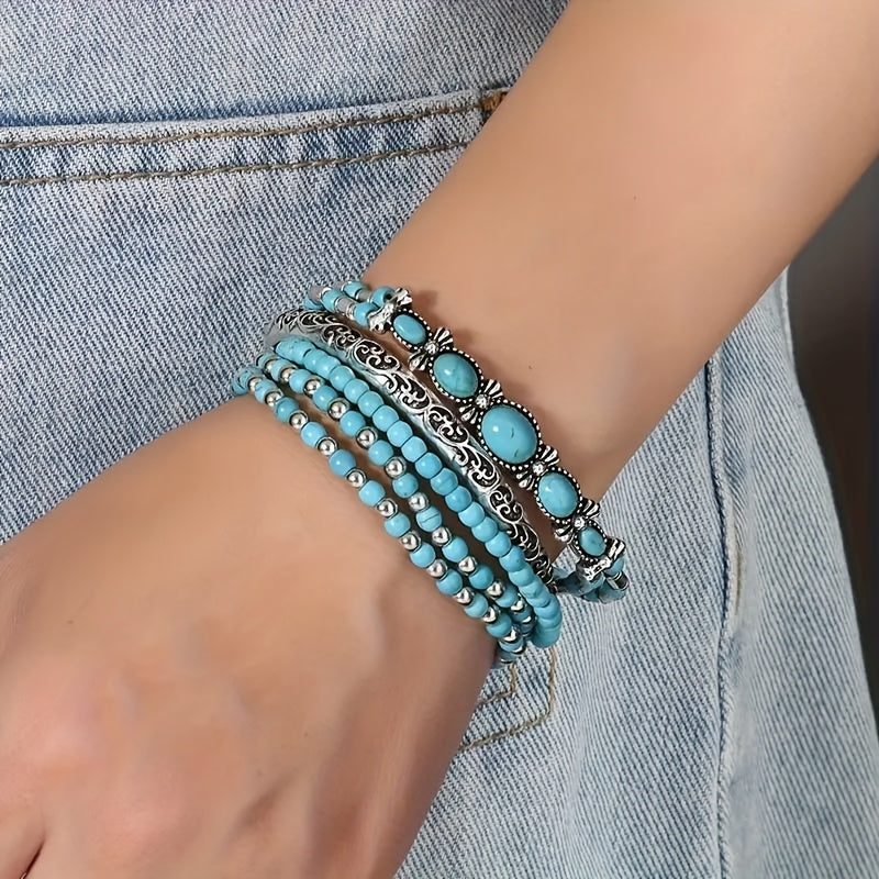 CONJUNTO BOHEMIO VINTAGE STYLE TURQUESA PERLÉ PULSERA