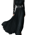 VESTIDO LARGO NEGRO PLISADO CON MANGAS DE ENCAJE - VALERINA MARBELLA