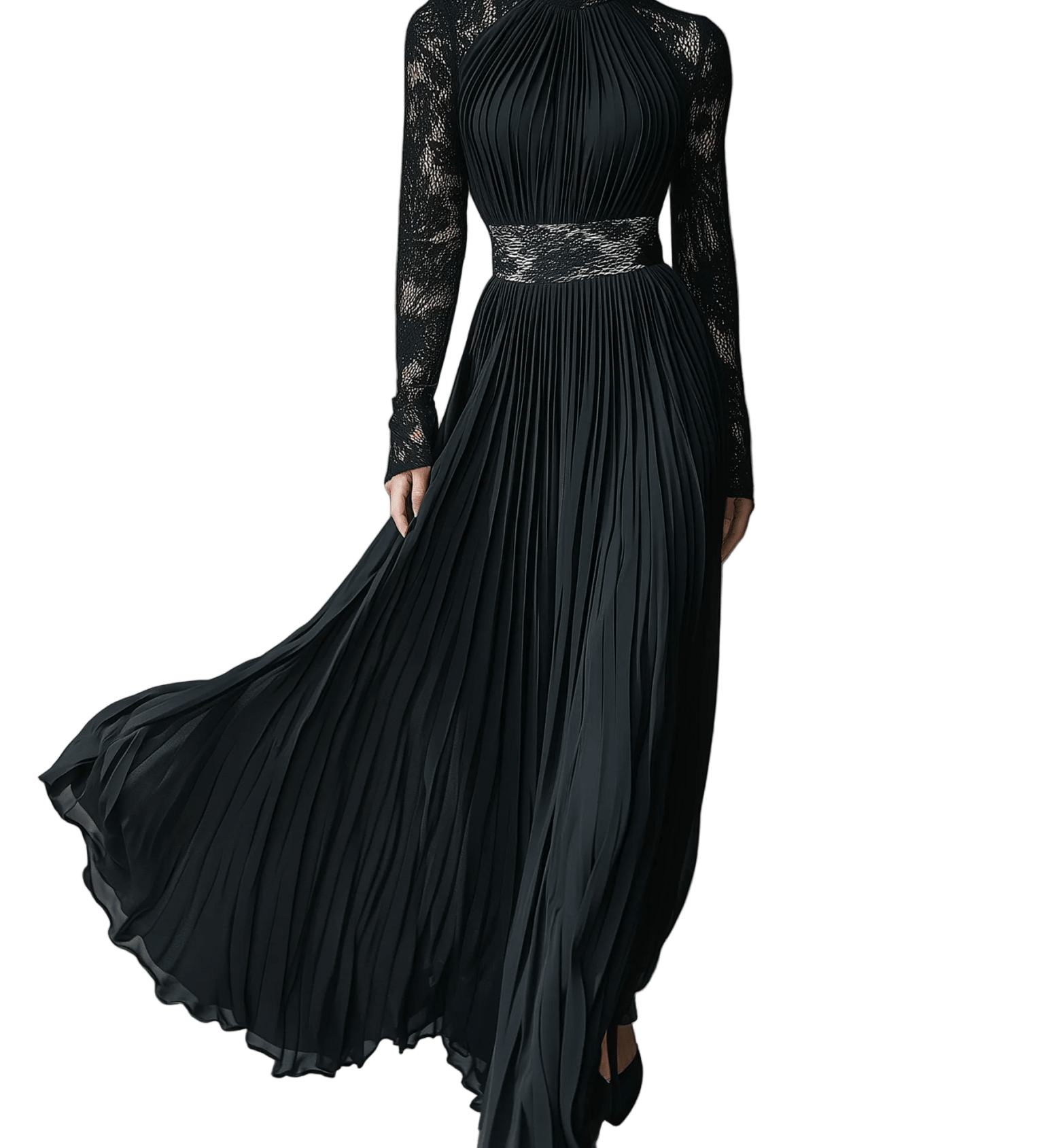 VESTIDO LARGO NEGRO PLISADO CON MANGAS DE ENCAJE - VALERINA MARBELLA