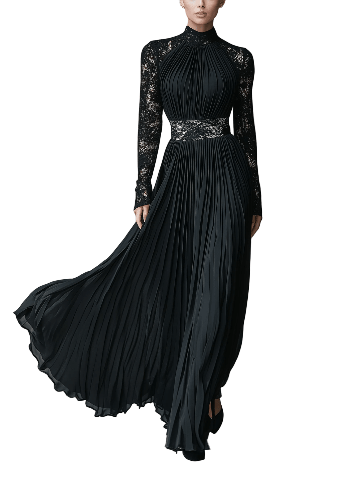 VESTIDO LARGO NEGRO PLISADO CON MANGAS DE ENCAJE - VALERINA MARBELLA