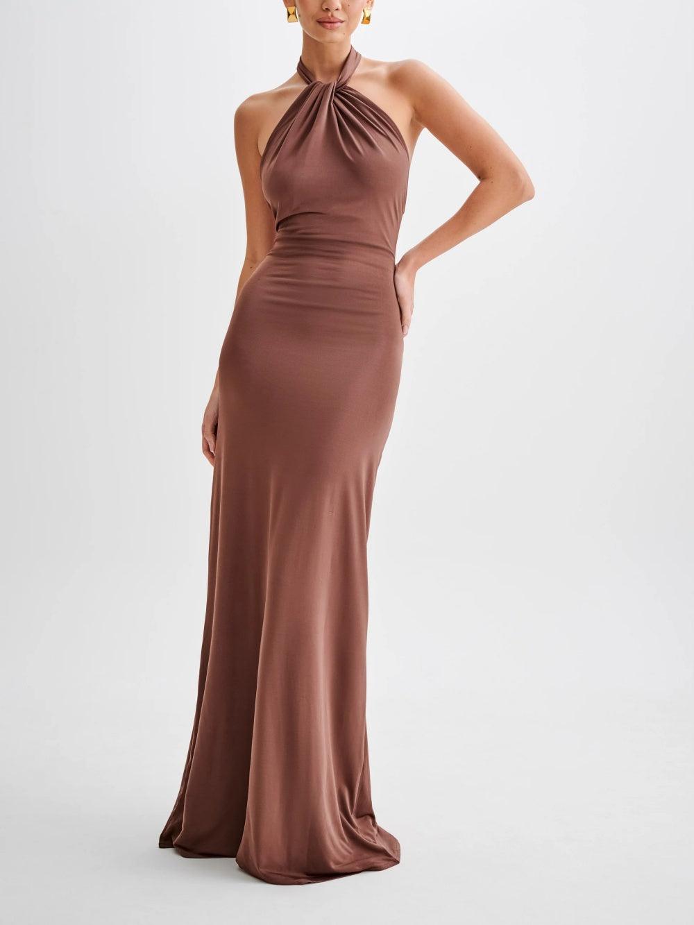 VESTIDO MAXI HALTER DE SILUETA FLUIDA EN AZUL LAGUNA