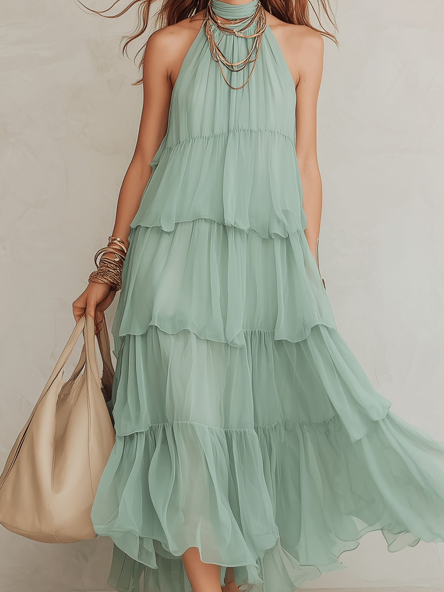 VESTIDO MAXI HALTER EN TONO MENTA - VALERINA MARBELLA