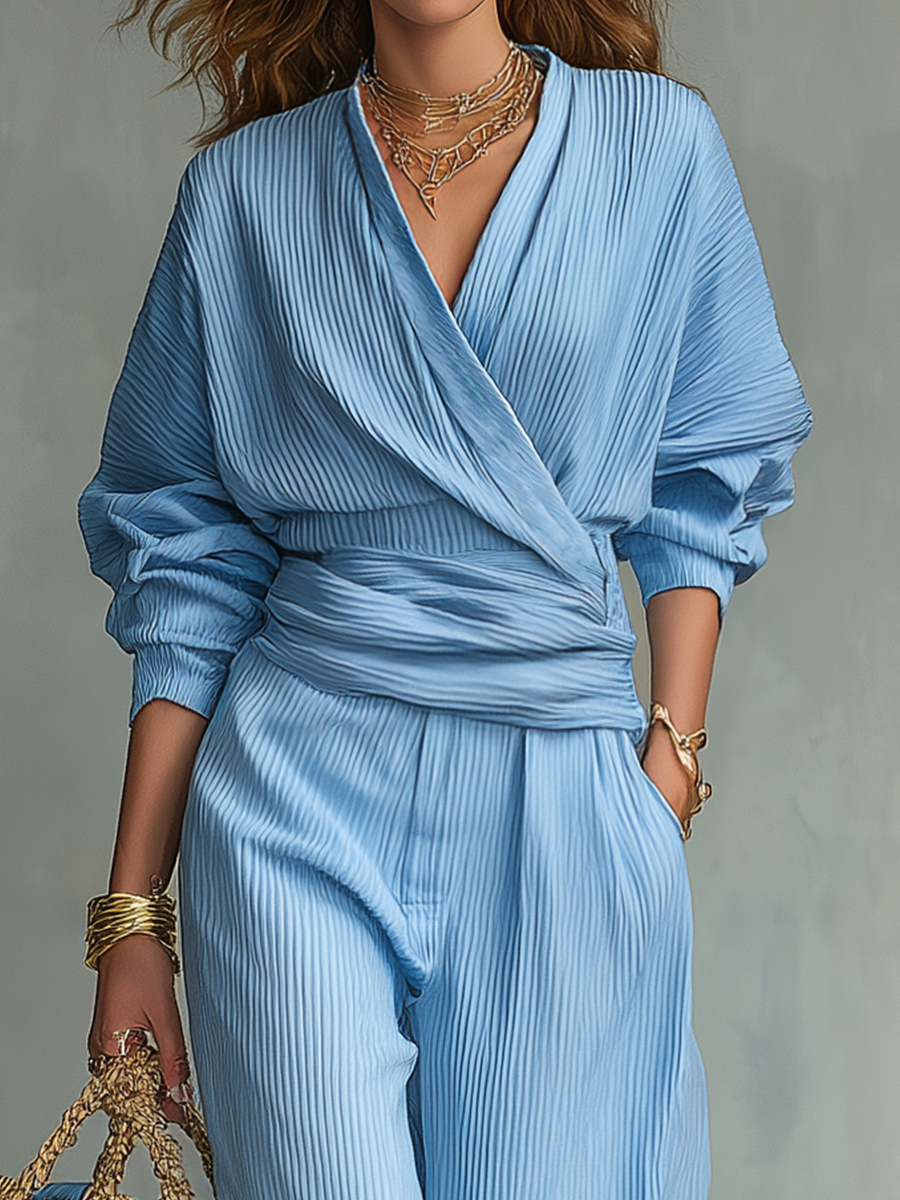 Refreshing Sky Blue Pleated Wrap-Front Wide-Leg Trouser Co-ord Set