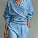 Refreshing Sky Blue Pleated Wrap-Front Wide-Leg Trouser Co-ord Set