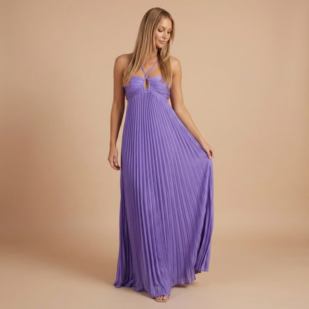Women's Wedding Guest Pleated Halter Maxi Dress