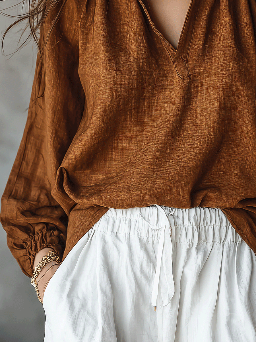 Relaxed Linen Blouse With Gathered V-Neck Detail