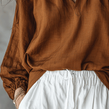 Relaxed Linen Blouse With Gathered V-Neck Detail