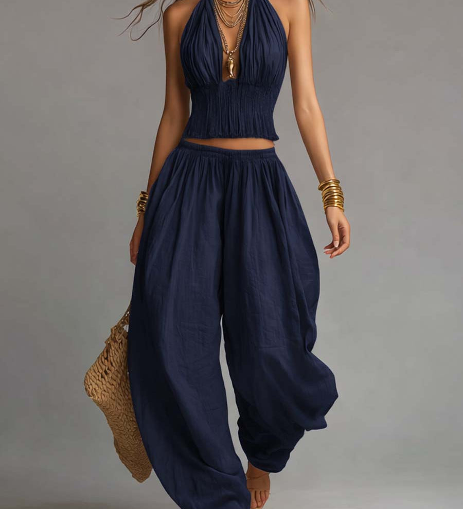 Bohemian Cotton-Linen Halter Smocked Crop Top & Harem Pants Two-Piece Set
