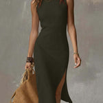 Stand-collar Split-hem Cotton And Linen Midi Dress