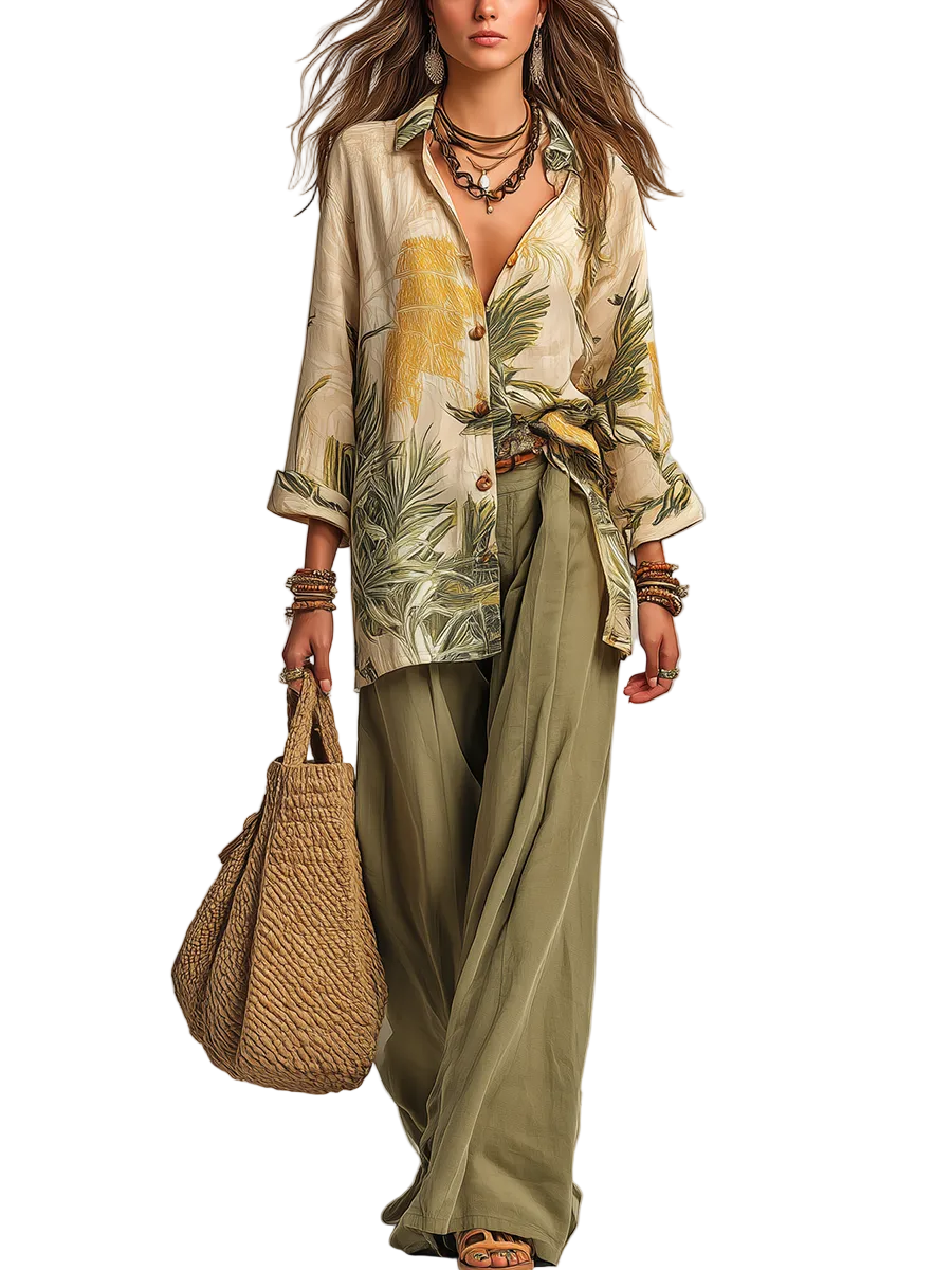 Linen Shirt And Wide-leg Trousers With A Palm Leaf Pattern.