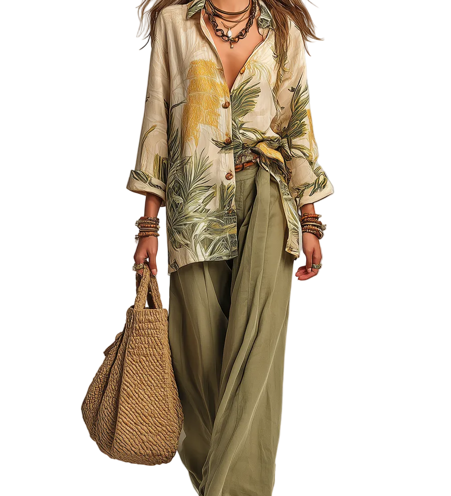 Linen Shirt And Wide-leg Trousers With A Palm Leaf Pattern.