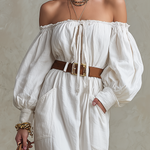 Elegant Off-The-Shoulder Linen Midi Dress