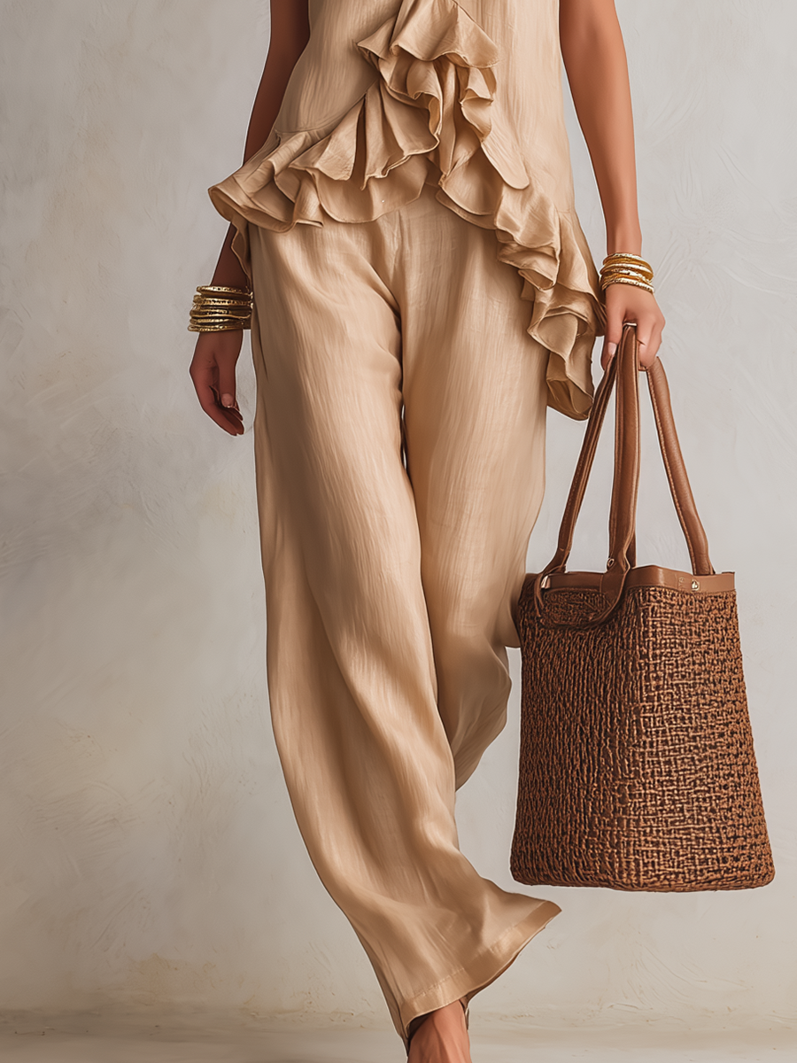 Soft Asymmetrical Ruffle Top & Fluid Pants Set