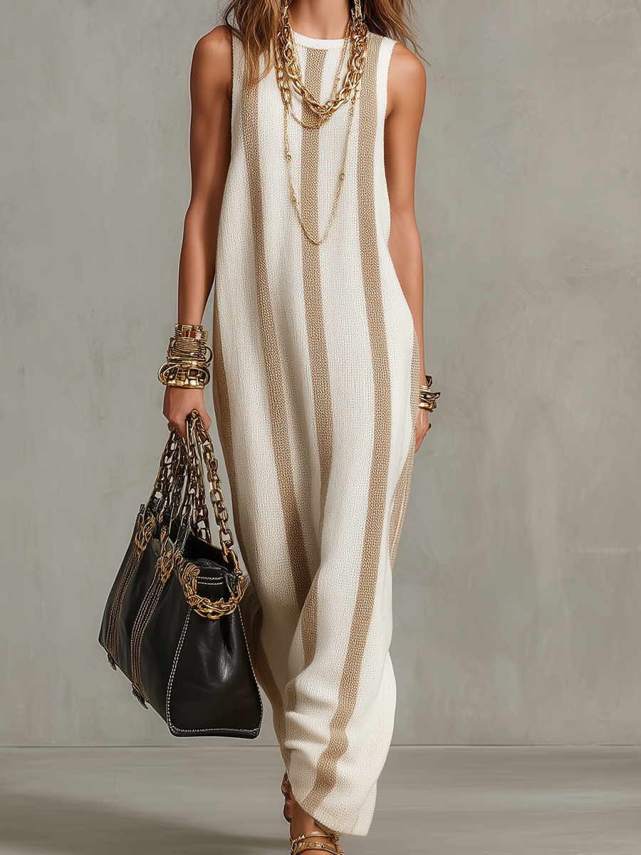 Refined Neutral Striped Knit Maxi Dress