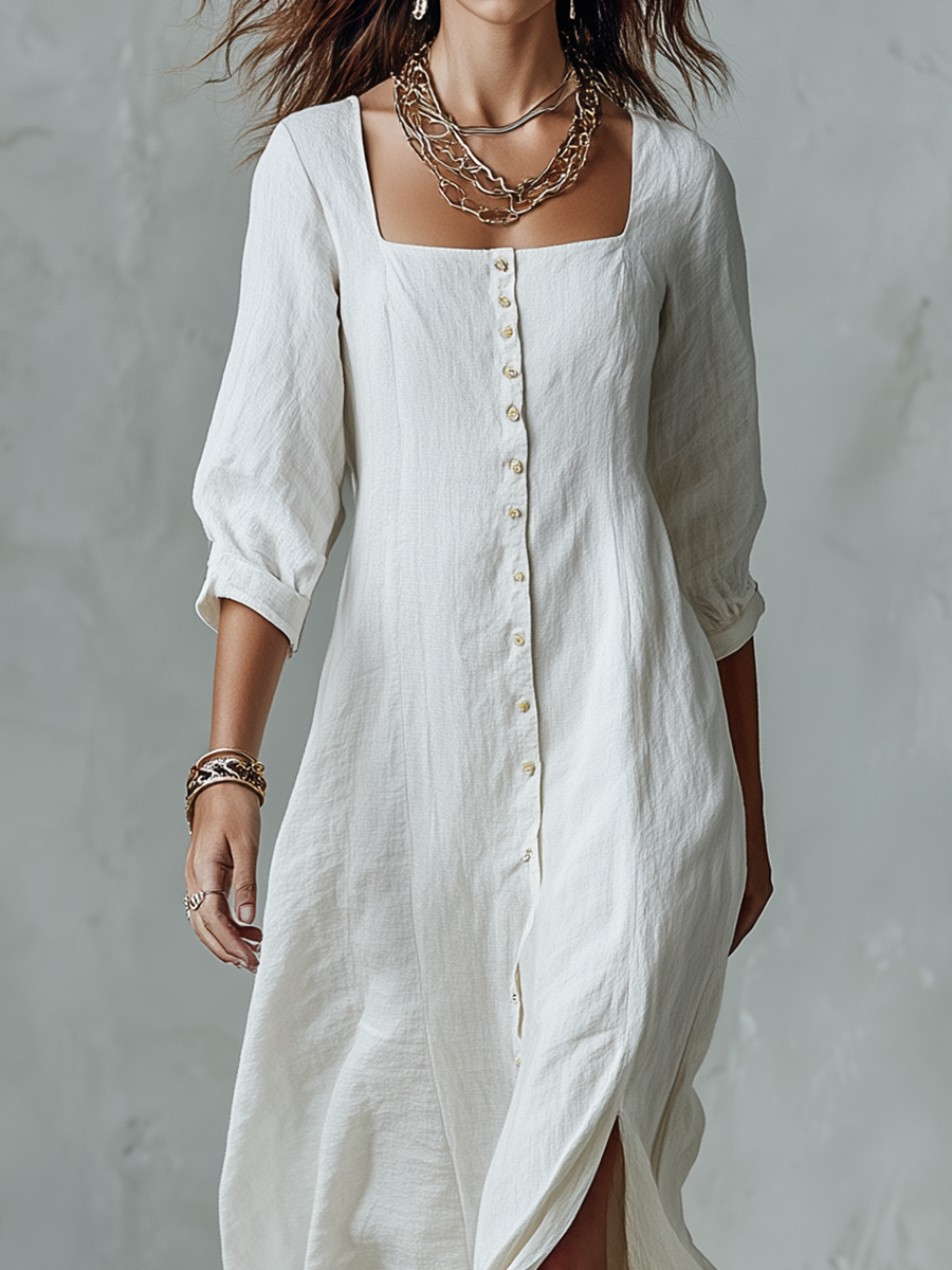 Timeless Square-Neck Linen Button-Front Maxi Dress