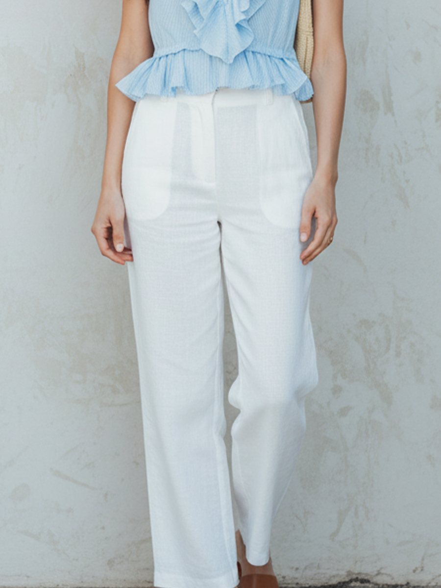 Fresh Light Blue Sleeveless Top With Ruffled Details Paired With White Wide-leg Pants.