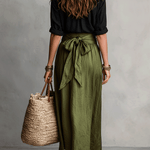 Effortless Boho Black Blouse & Olive Satin Midi Skirt Set