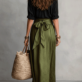 Effortless Boho Black Blouse & Olive Satin Midi Skirt Set