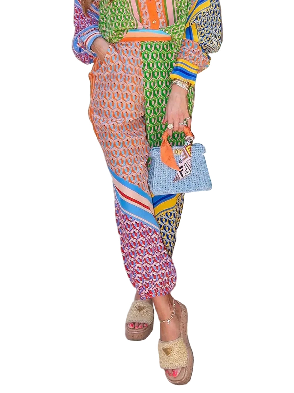 Calças Bloomer folgadas com estampa colorida exclusiva, cintura elástica e bolsos.