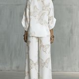 Bohemian Luxe Butterfly Jacquard Blouse & Wide-Leg Pants Set