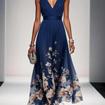Light Blue Floral Chiffon V Neck Sleeveless A-Line Maxi Dress