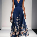 Light Blue Floral Chiffon V Neck Sleeveless A-Line Maxi Dress