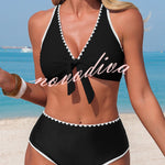 Stylish Color-blocked Trim High-waisted Two-piece Stretch Bikini Swimsuit