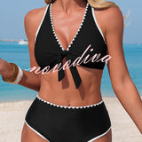 Stylish Color-blocked Trim High-waisted Two-piece Stretch Bikini Swimsuit