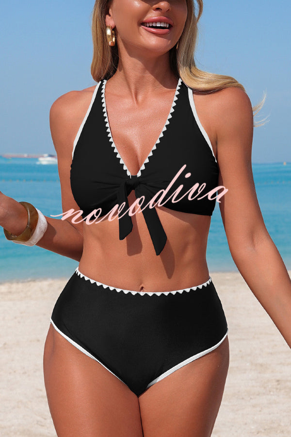 Stylish Color-blocked Trim High-waisted Two-piece Stretch Bikini Swimsuit