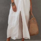 Vintage Lace-trimmed Cotton Linen Shirt Midi Dress