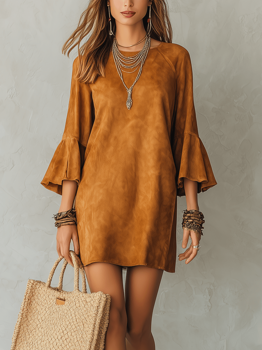 VESTIDO MINI DE ANTE COLOR CARAMELO ESTILO BOHEMIO - VALERINA MARBELLA
