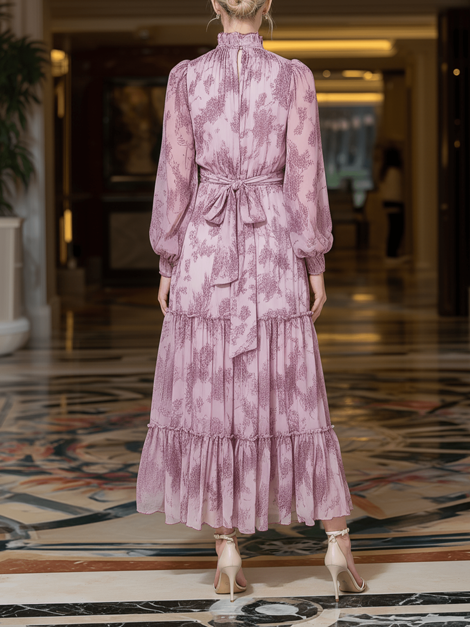 VESTIDO LARGO ROSA EMPOLVADO CON VOLANTES Y CINTURÓN A JUEGO - VALERINA MARBELLA