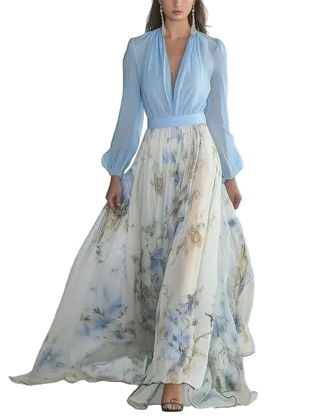 Vestido longo deslumbrante com estampa floral e decote em V