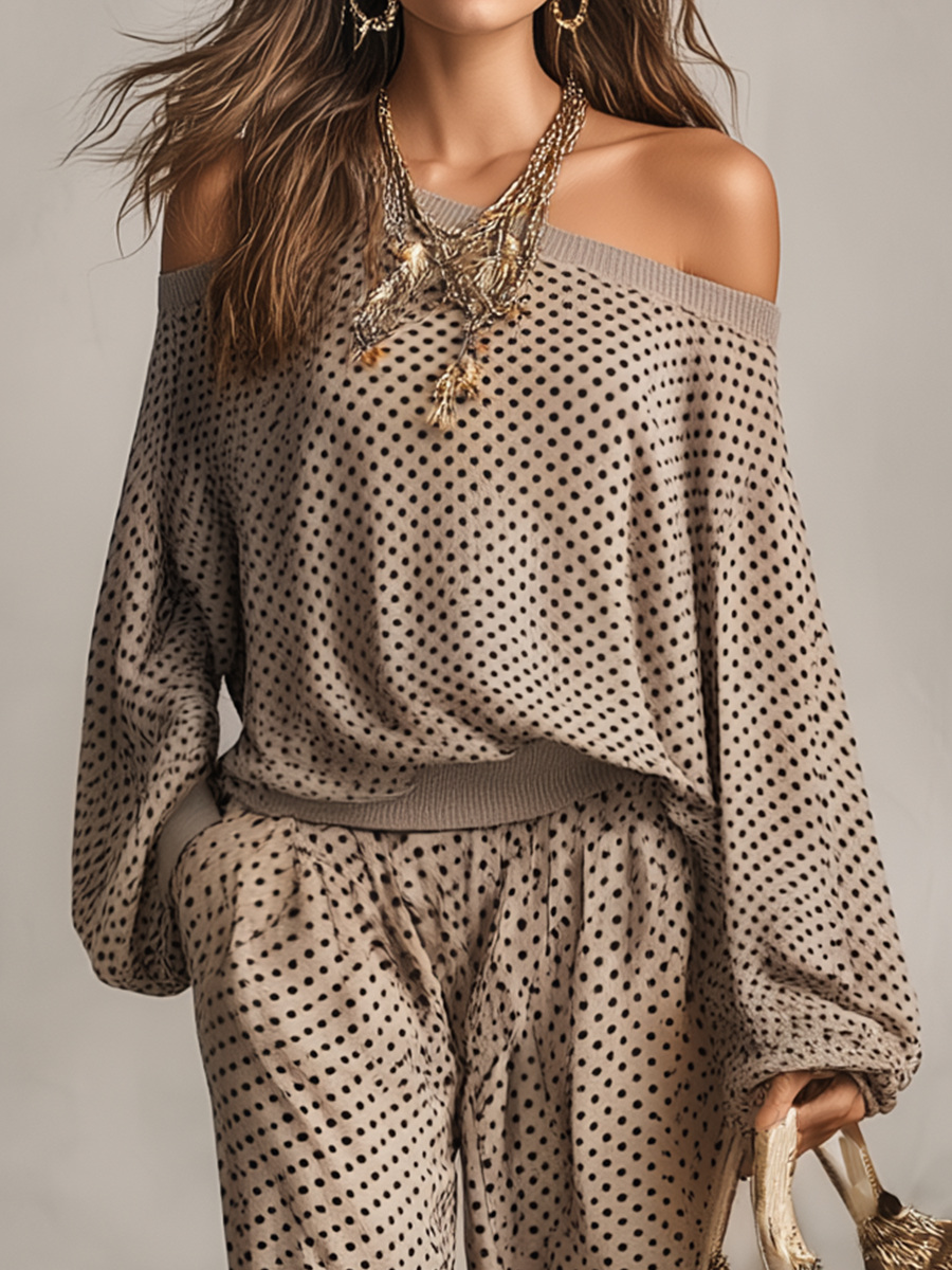 Chic Taupe Polka-Dot Off-the-Shoulder Oversized Top & Wide-Leg Trouser Co-ord Set