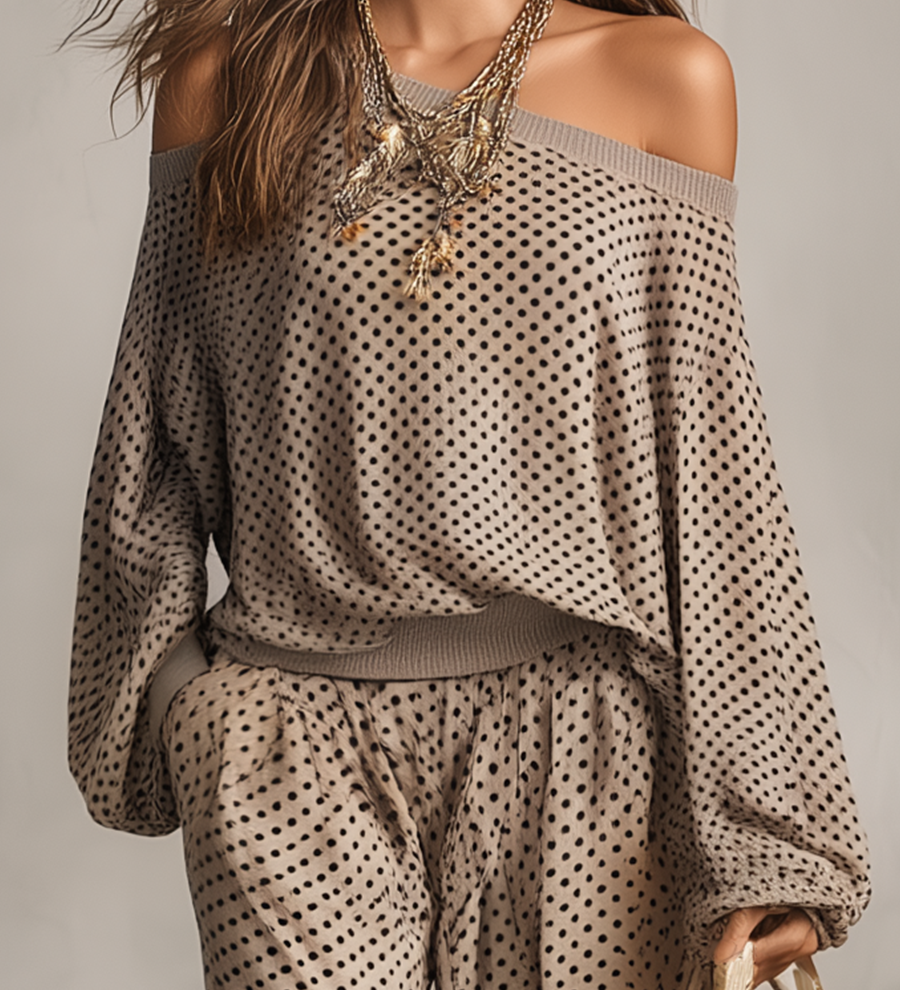 Chic Taupe Polka-Dot Off-the-Shoulder Oversized Top & Wide-Leg Trouser Co-ord Set