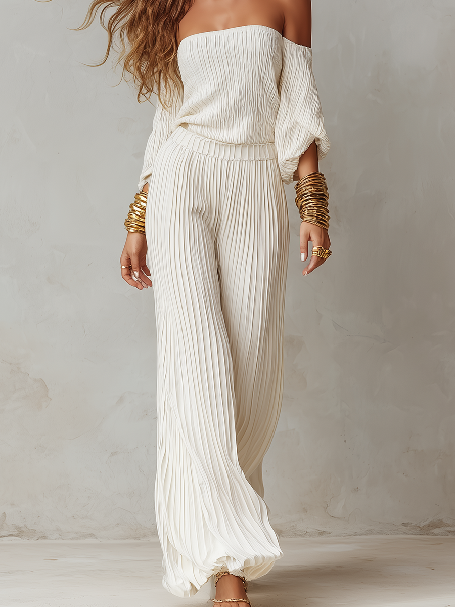 Boho Breeze Pleated Bardot Wide-Leg Jumpsuit