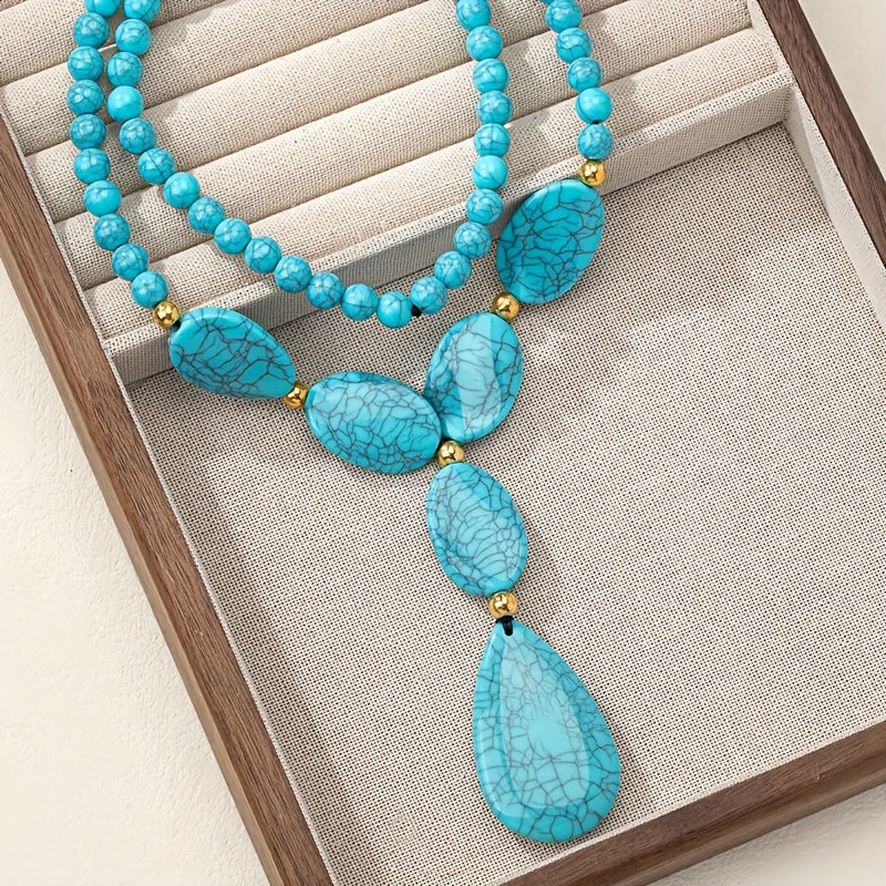 COLLAR BOHEMIO GÉOMÉTRIQUE LARME REDONDO TURQUESA PERLÉ
