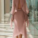 VESTIDO LARGO DE GASA ROSA EMPOLVADO CON PUÑOS DE LAZO - VALERINA MARBELLA