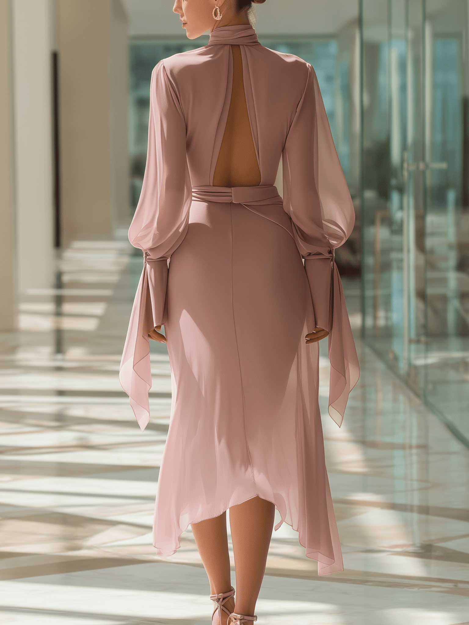 VESTIDO LARGO DE GASA ROSA EMPOLVADO CON PUÑOS DE LAZO - VALERINA MARBELLA