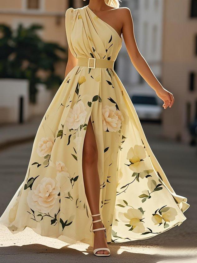 Vestido longo de chiffon verde claro com estampa floral, drapeado e um ombro só.