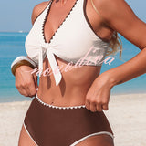 Stylish Color-blocked Trim High-waisted Two-piece Stretch Bikini Swimsuit