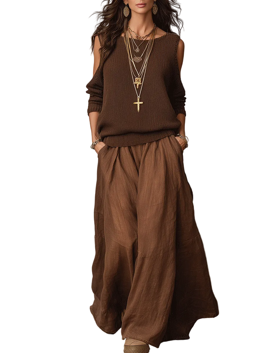 Bohemian Luxe Ribbed Knit & Soft Draped Pants Two-Piece Set