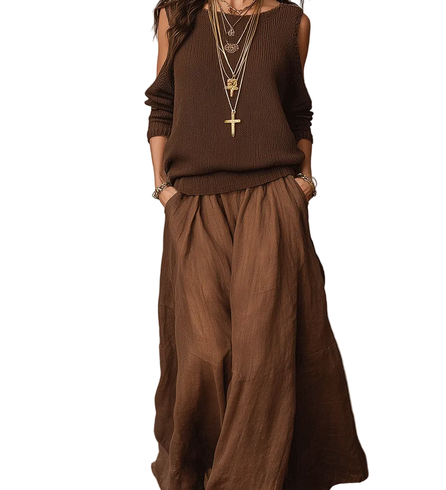 Bohemian Luxe Ribbed Knit & Soft Draped Pants Two-Piece Set