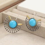 PENDIENTES BOHEMIO TURQUESA PLAQUÉ ORO ÉVENTAIL FORME AJOURÉ CROCHET