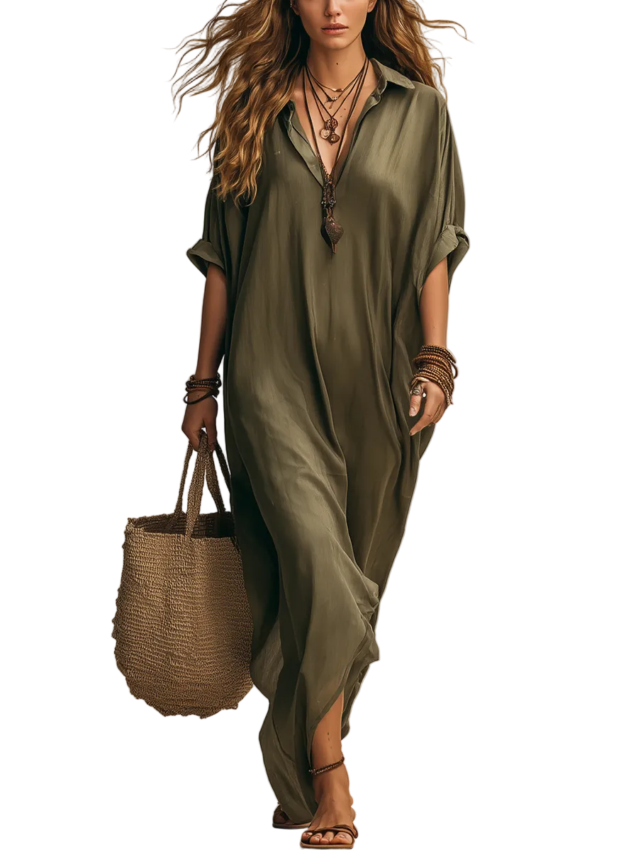 Relaxed-fit Green Satin Robe Dress